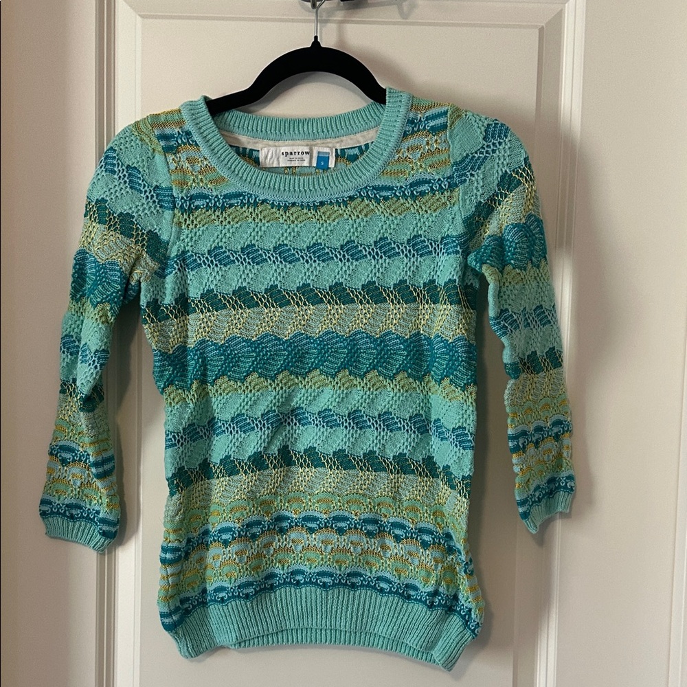 Anthropologie Teal and Yellow Striped Sweater